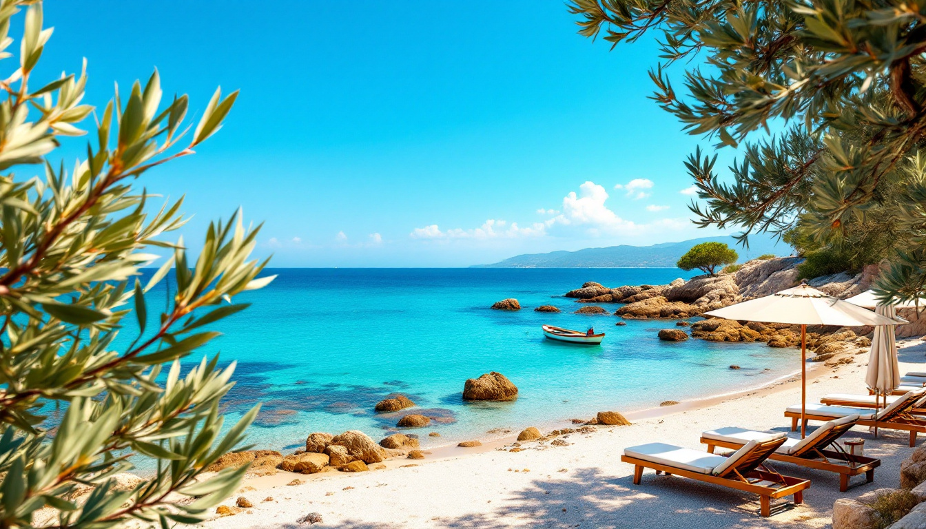 Albanien beste Reisezeit: sonnige Ionische Küste bei Ksamil mit türkisem Meer