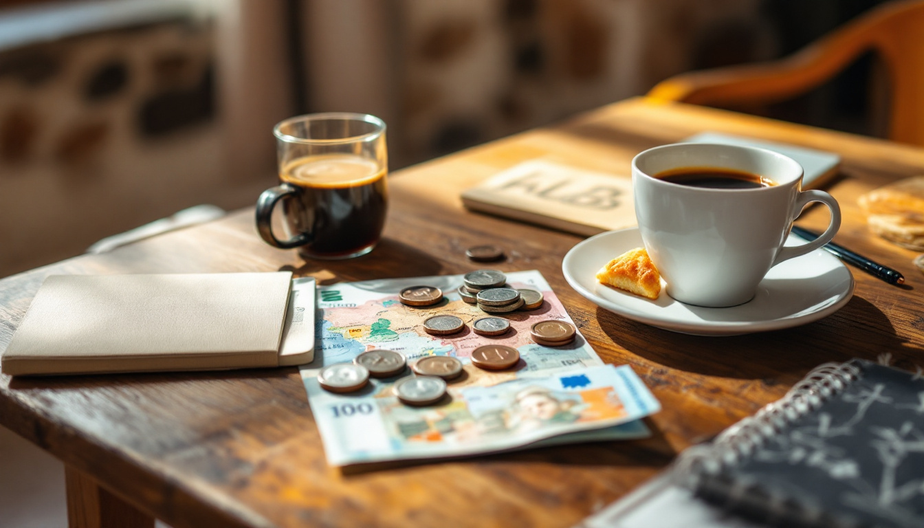 Albanien Reisekosten wie teuer: Lek-Geldscheine, Karte und Kaffee auf einem Tisch im Gästehaus