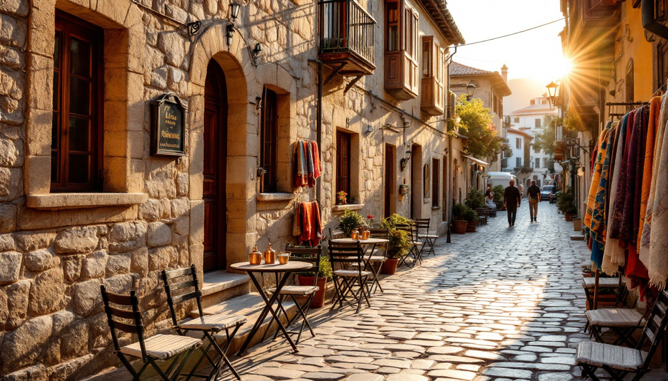Altstadtgasse als Symbol für albanische Kultur, Bräuche und Traditionen mit osmanischen Steinhäusern und Kaffeekannen
