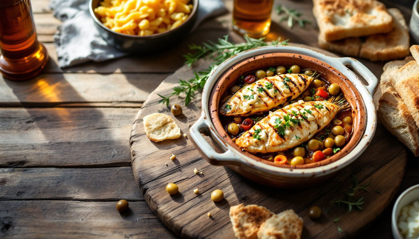 Albanische Spezialitäten was essen: Byrek, Tavë Kosi, Fisch und Feta auf rustikalem Holztisch
