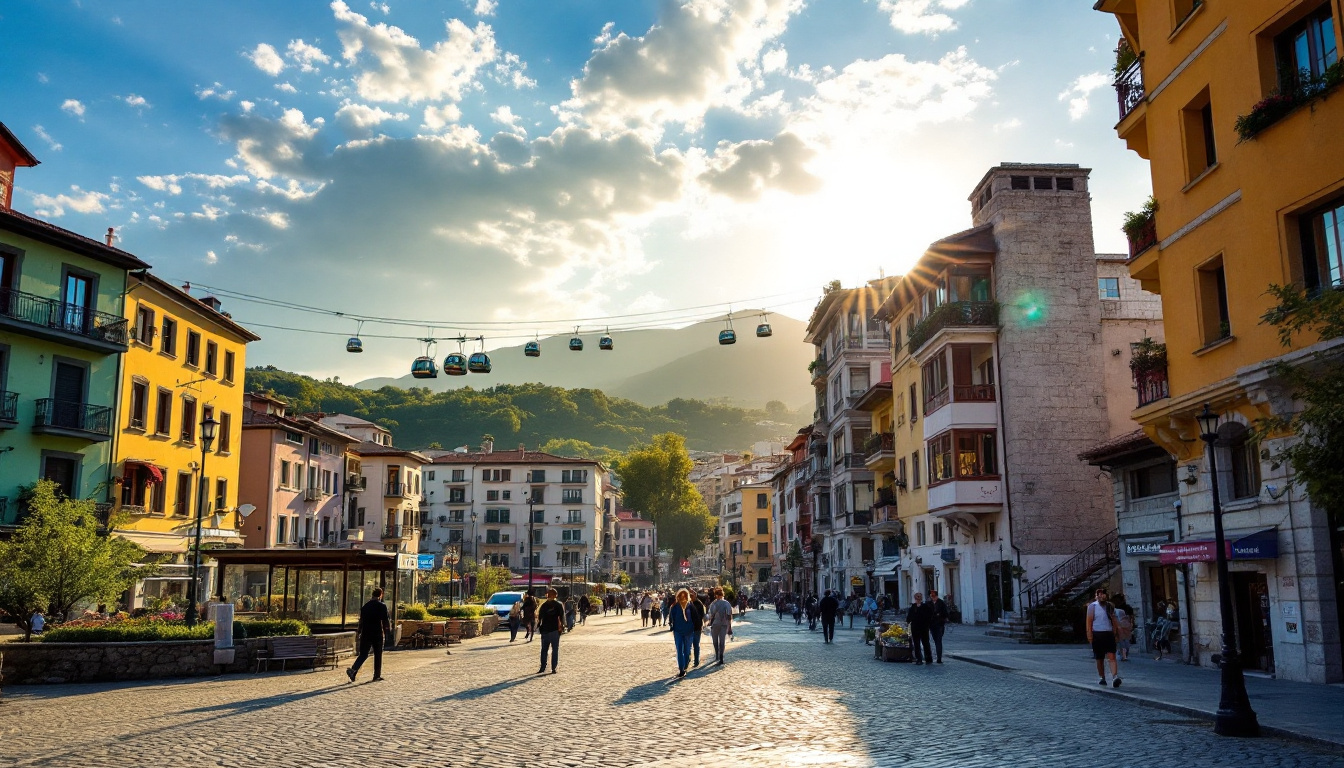Tirana Sehenswürdigkeiten und Geheimtipps: bunte Fassaden, Pyramide und Dajti-Seilbahn im Abendlicht